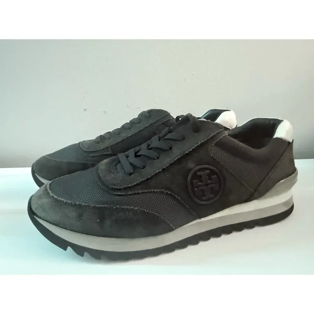 Tory Burch Women’s Sawtooth Logo Sneakers Black Suede Lace-Up Size 9